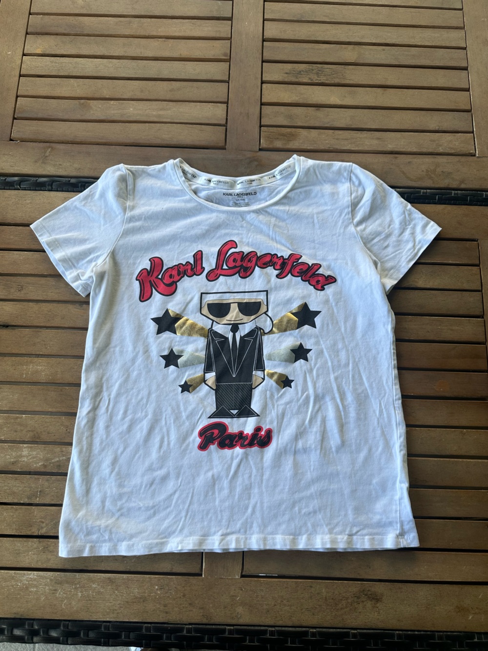 Karl Lagerfeld White Tee with Pink Script and Gold Star Accents